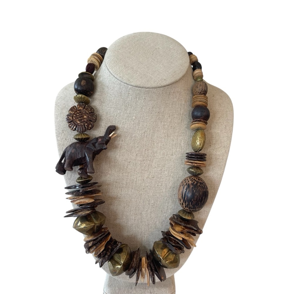 Vintage Wood Bead Elephant Necklace Chunky Brown Earthy Animals Rustic Statement